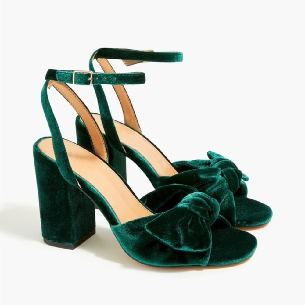 J. CREW  Green Velvet Knotted Peep Toe Sandal Ankle Tie Block Heels New with box